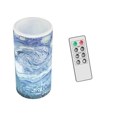 Hastings Home LED Starry Night Candle with Remote Control Van Gogh Art on Vanilla Scented Flameless Light 674300NVO